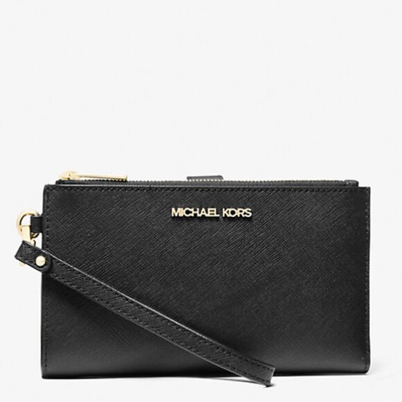 Michael Kors Jet Set Black Leather Large Leather Smartphone Wristlet Wallet - Picture 1 of 14